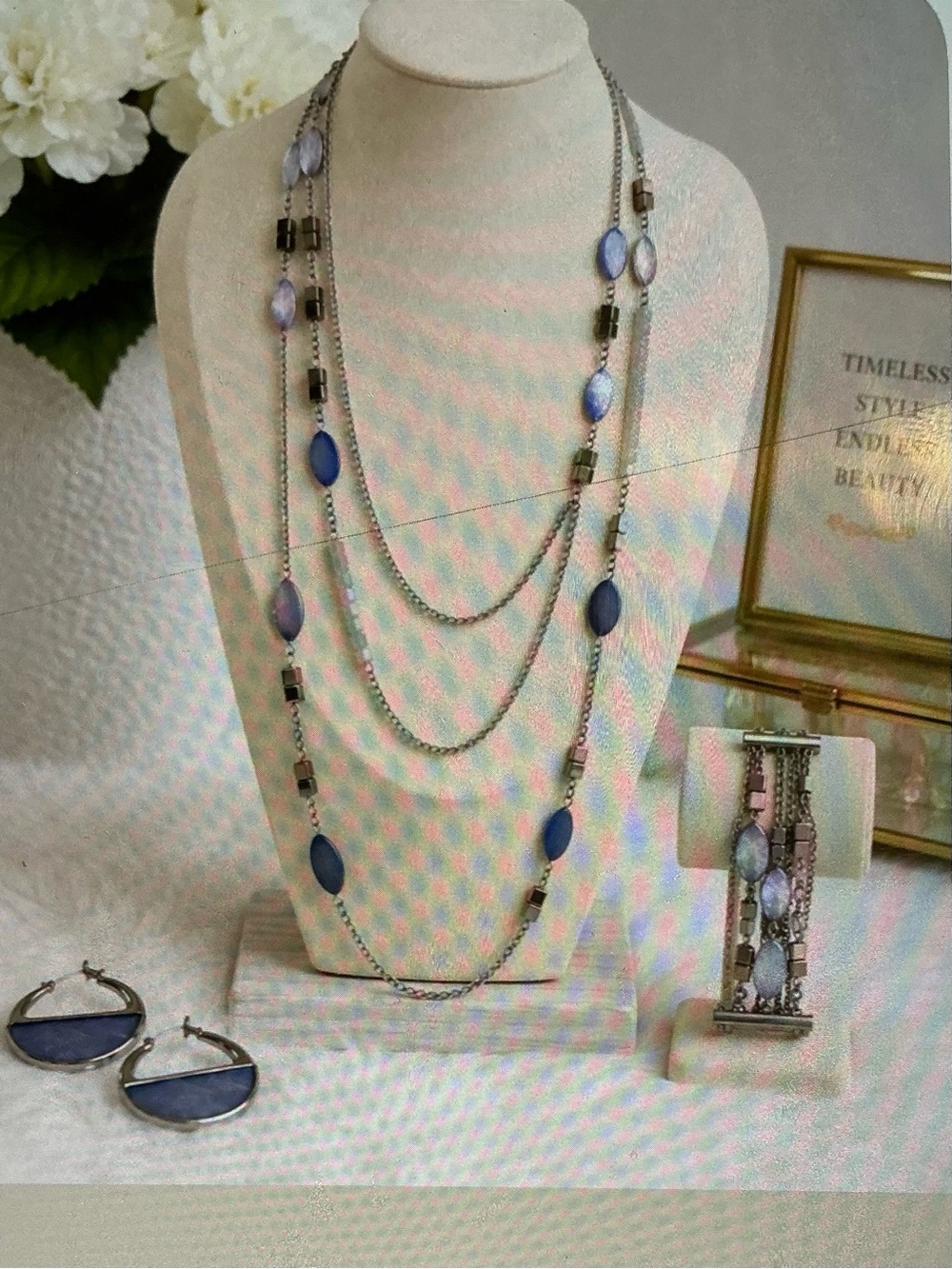 Multi-Strand Blue Stone Necklace Set with Matching Earrings and bracelet Women